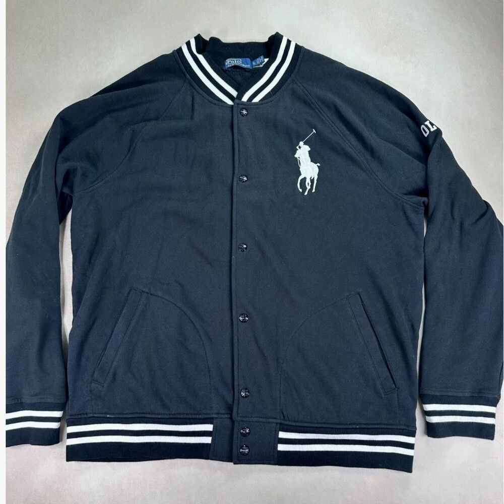 Polo Ralph Lauren Big Pony Varsity Baseball Jacket Black Snap Front Men's XL